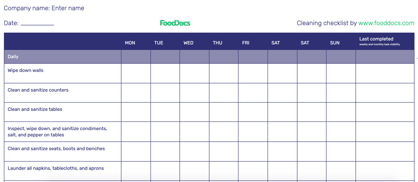 Restaurant cleaning checklist download free template